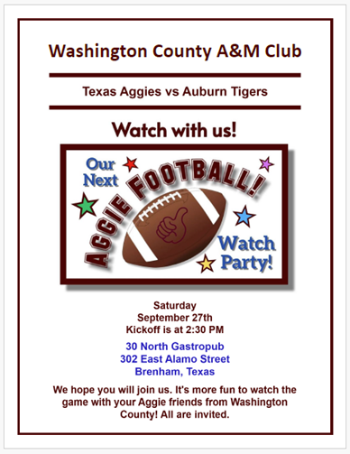 Washington County A&M Club Aggie Football Watch Party (Brenham)