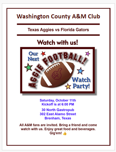 Washington County A&M Club Aggie Football Watch Party (Brenham)